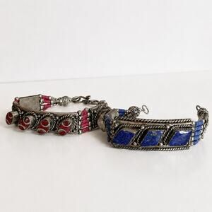Vintage Tibetan Silver Bracelets with Stone Inlay Boho Jewelry